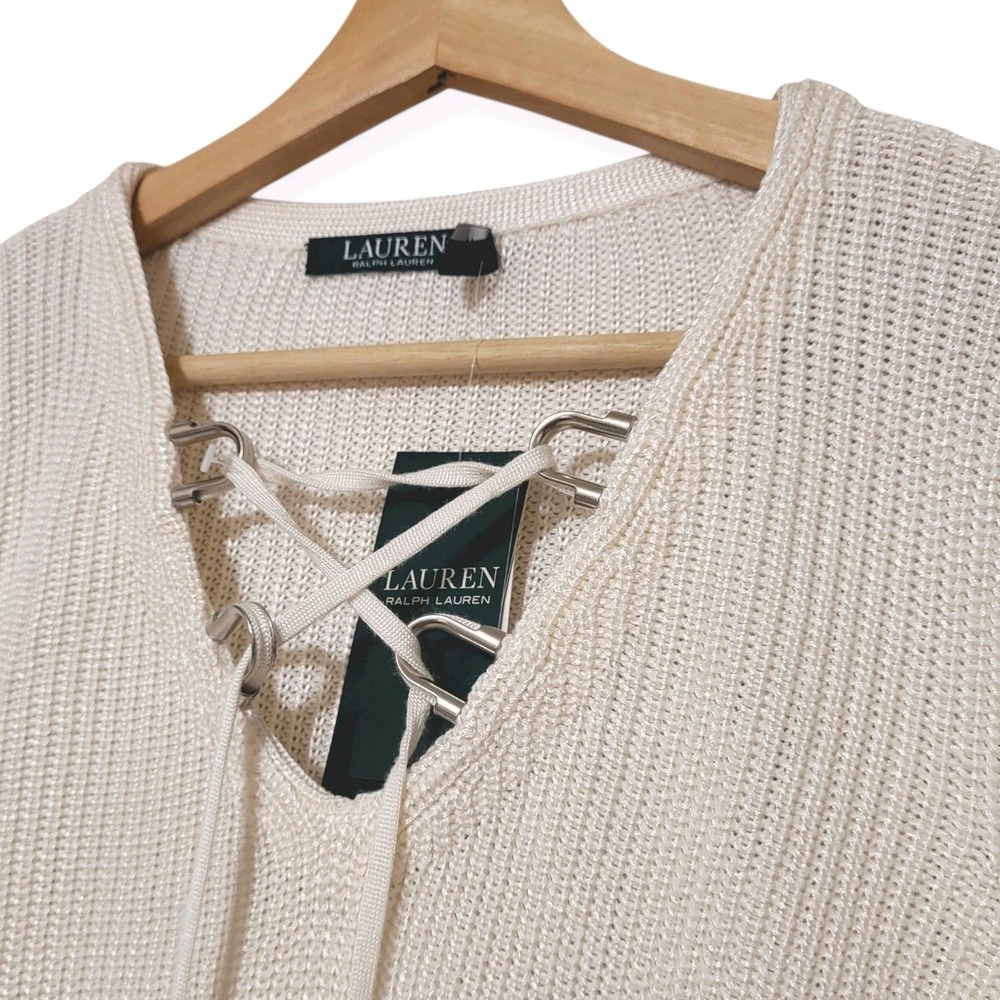 Lauren Ralph Lauren L NWT Ribbed ‎ Knit V-Neck Sweater Silver Hardware Cream - Picture 7 of 12